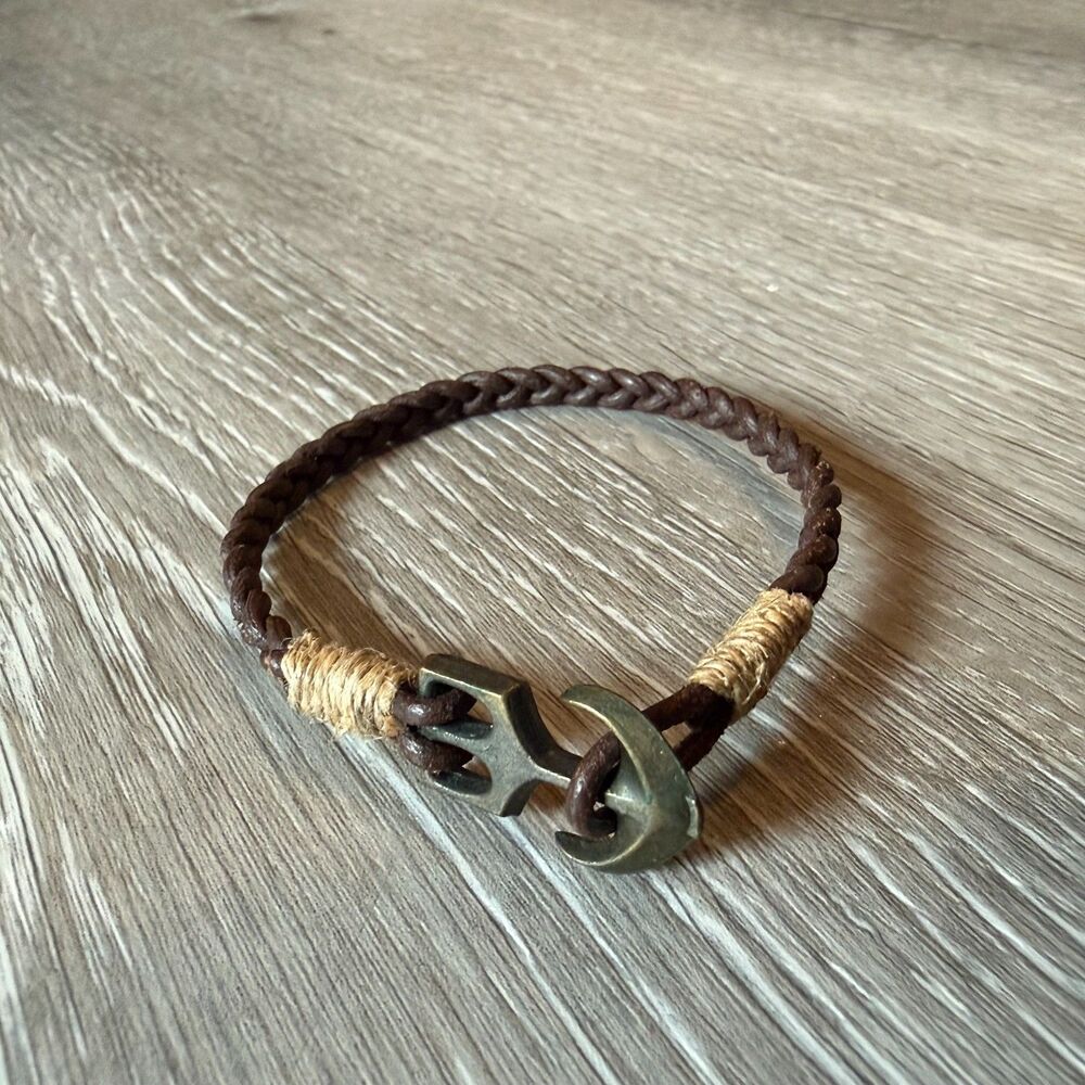 Mens Braided Leather Anchor Bracelet Nautical Bronze Hook Clasp Wrap Wristband